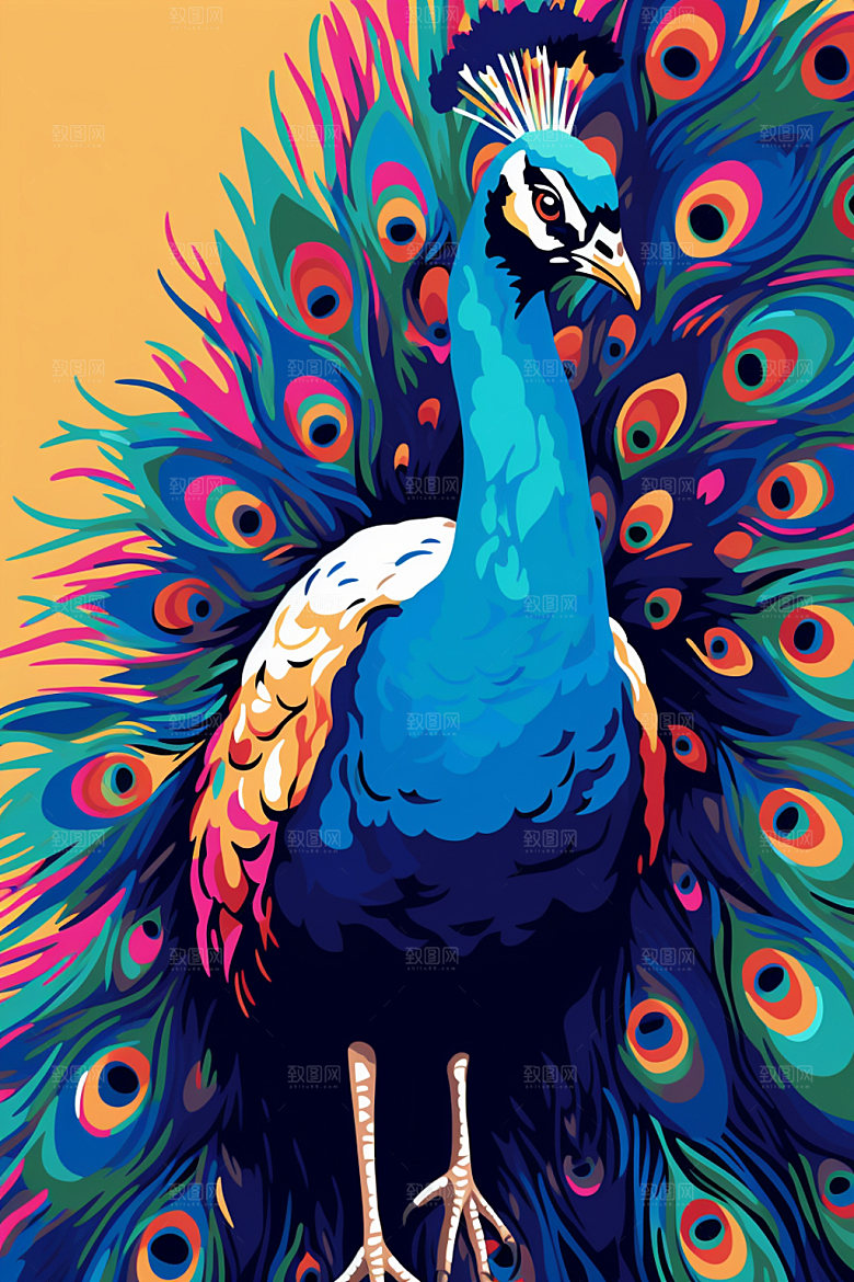 国潮孔雀油画彩色插画
