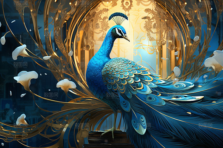 国潮孔雀彩色油画插画