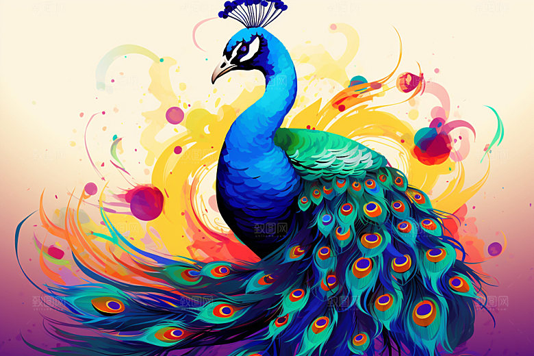 国潮孔雀创意手绘插画