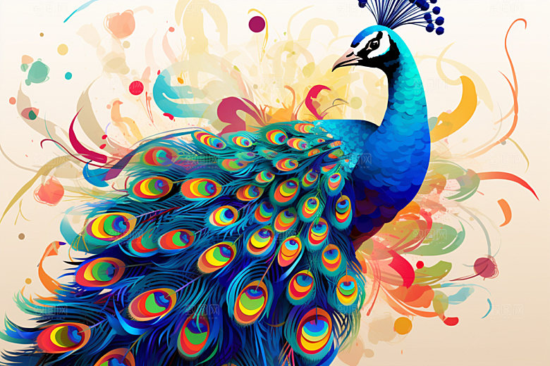 国潮孔雀手绘创意插画