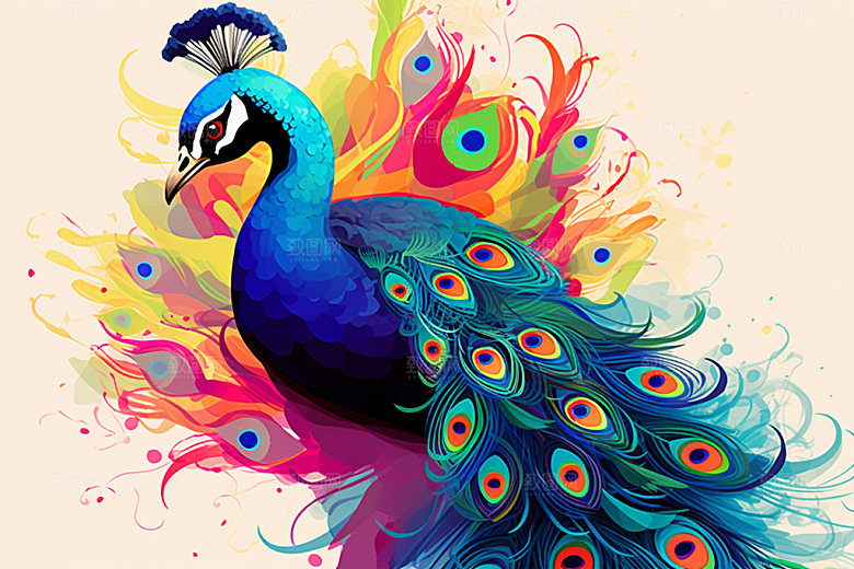 国潮孔雀油画创意插画