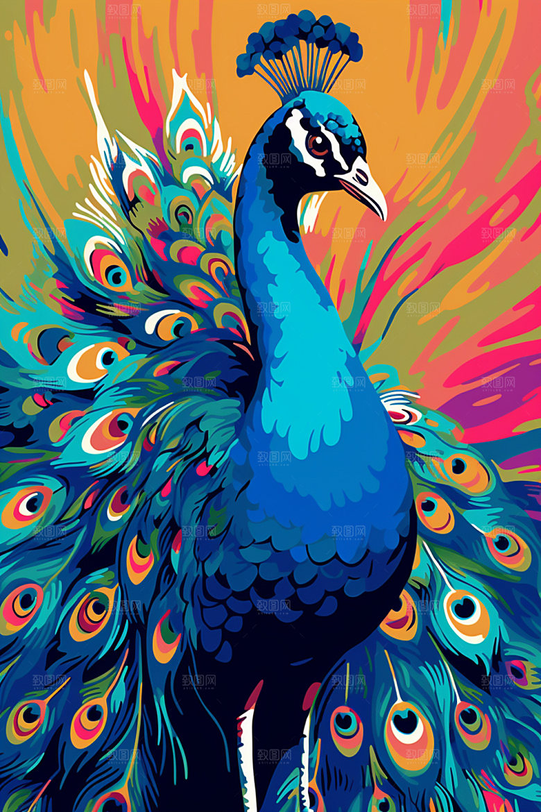 国潮孔雀创意艺术插画