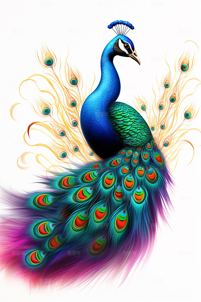 国潮孔雀油画彩色插画