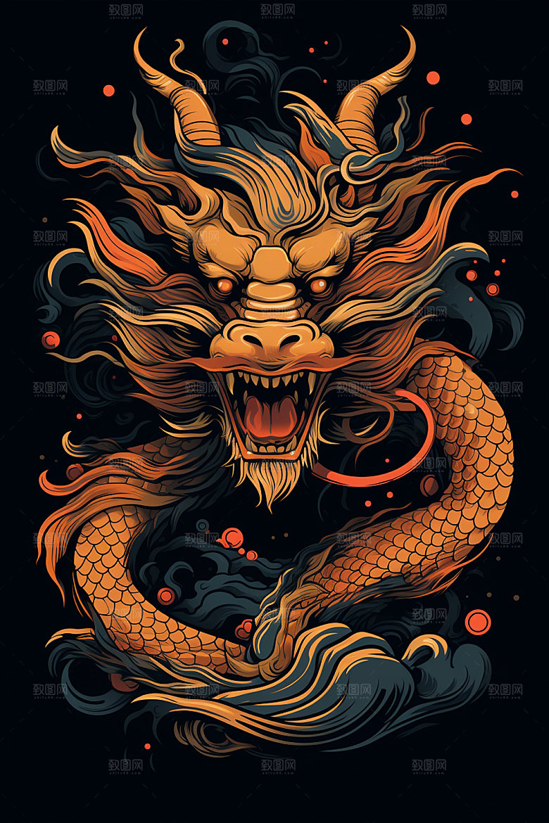 国潮龙年春节蟠龙插画
