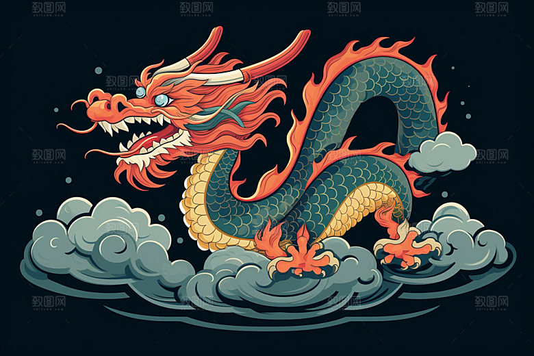 国潮龙年蟠龙喜庆插画