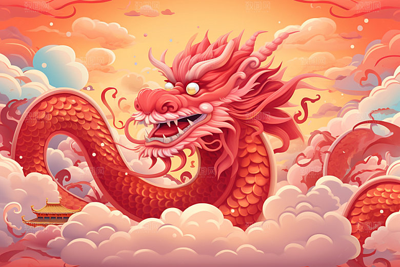 国潮龙年春节中国龙插画