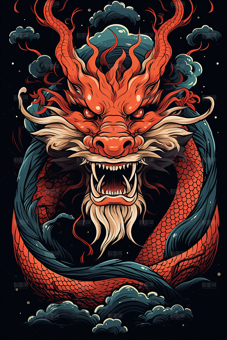 国潮龙年春节蟠龙插画