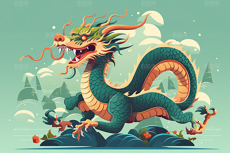 国潮龙年形象十二生肖插画