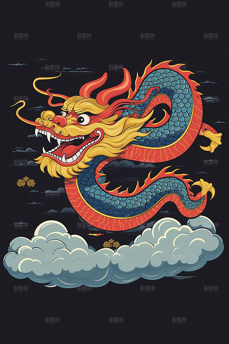 国潮龙年十二生肖蟠龙插画