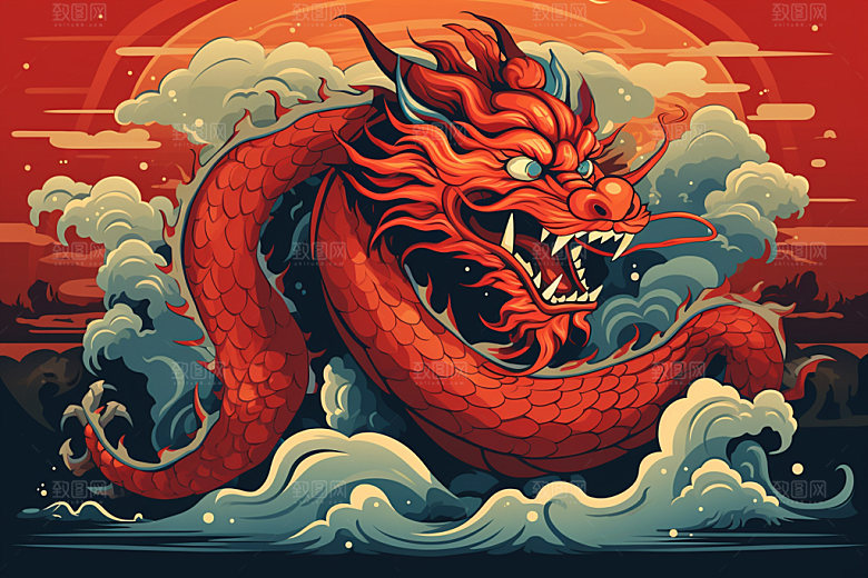 国潮龙年新年蟠龙插画