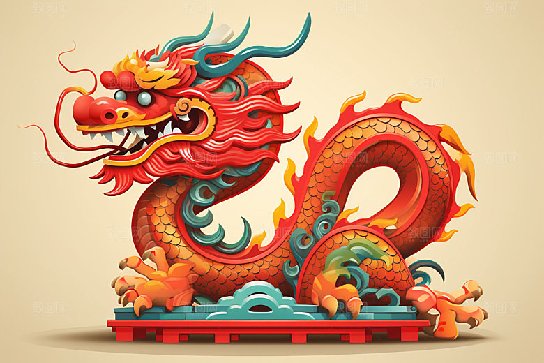 国潮龙年喜庆蟠龙插画