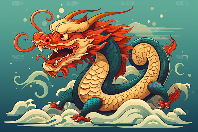 国潮龙年春节喜庆插画