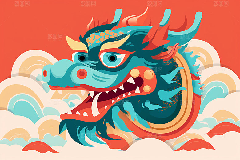 国潮龙年十二生肖形象插画
