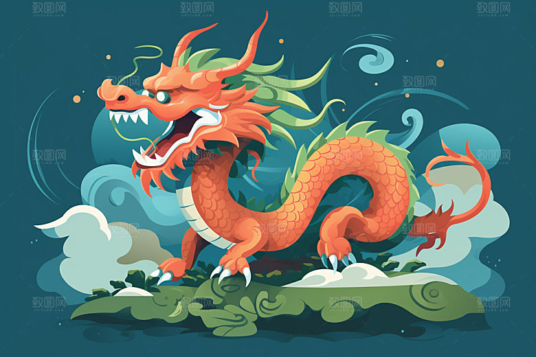 国潮龙年喜庆蟠龙插画