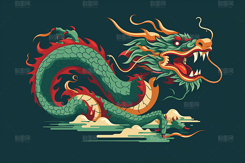 国潮龙年十二生肖春节插画