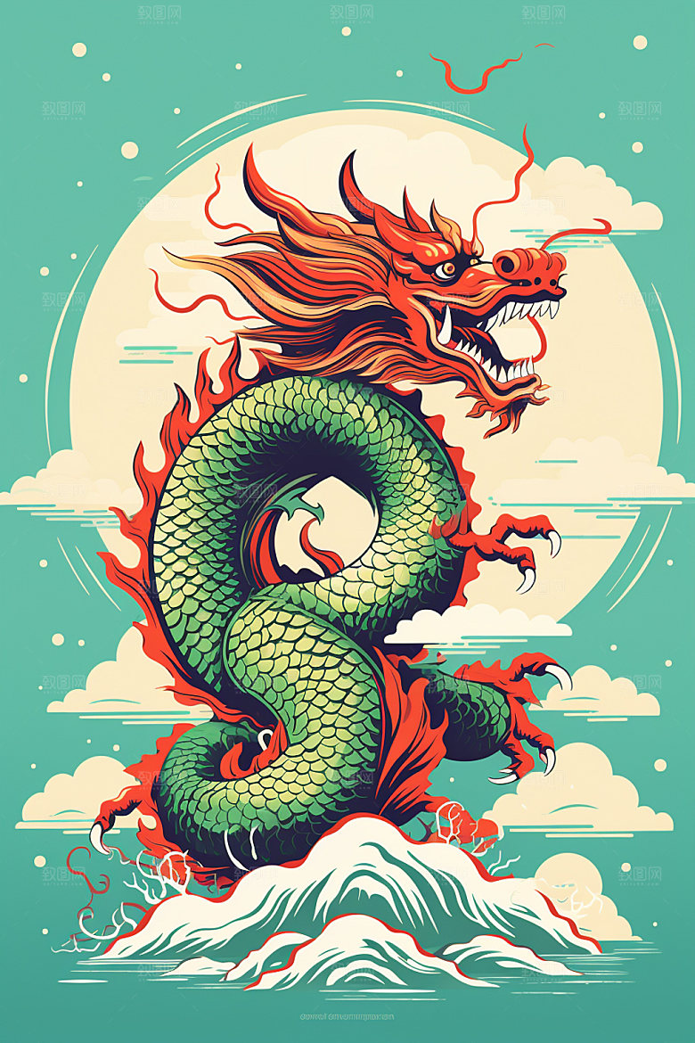国潮龙年十二生肖蟠龙插画