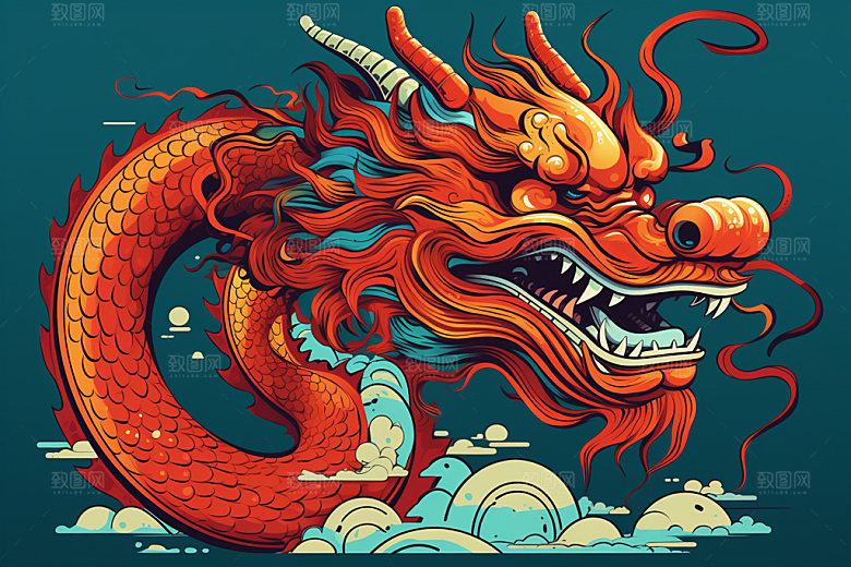 国潮龙年十二生肖蟠龙插画