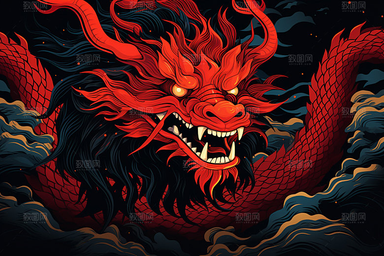 国潮龙年喜庆蟠龙插画