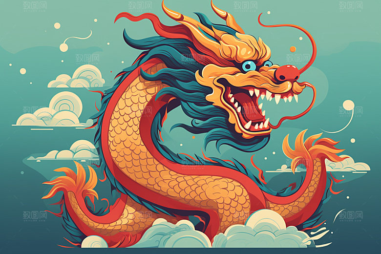 国潮龙年蟠龙新年插画