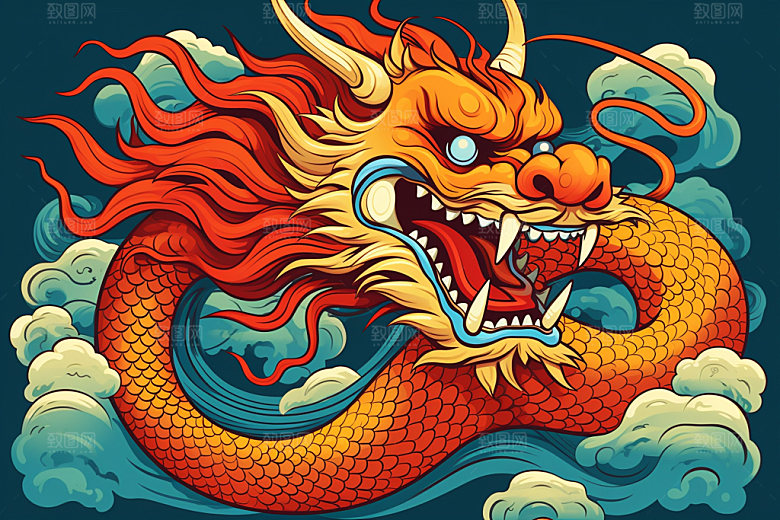 国潮龙年形象喜庆插画