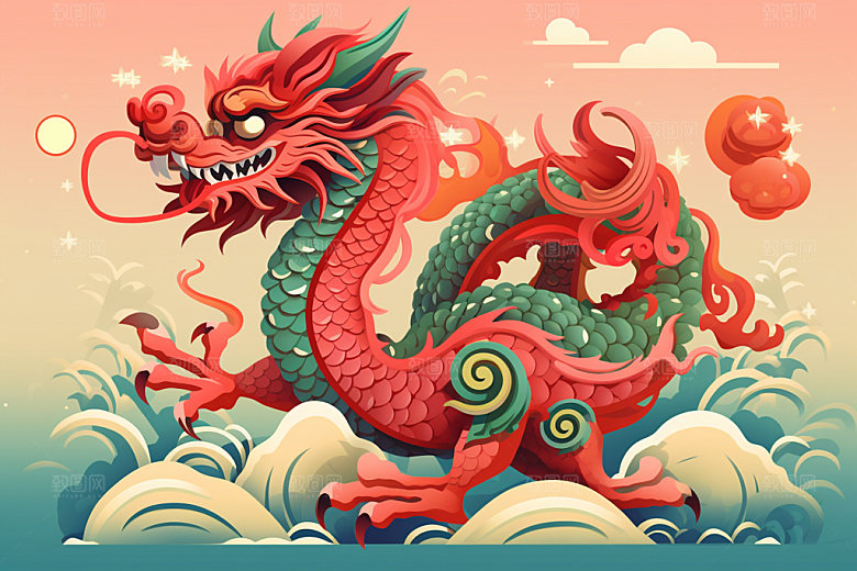国潮龙年十二生肖蟠龙插画