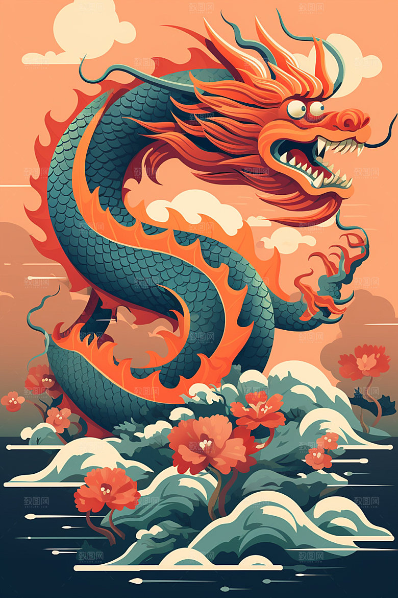 国潮龙年春节新年插画