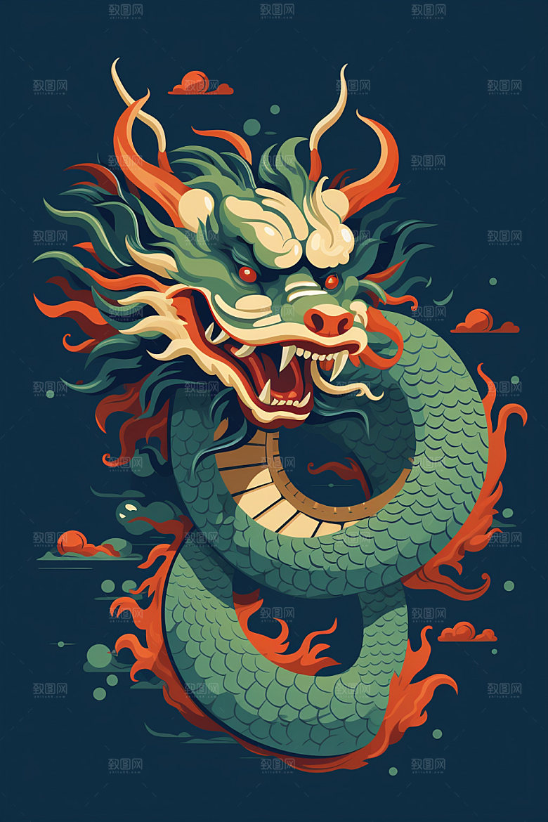 国潮龙年蟠龙喜庆插画