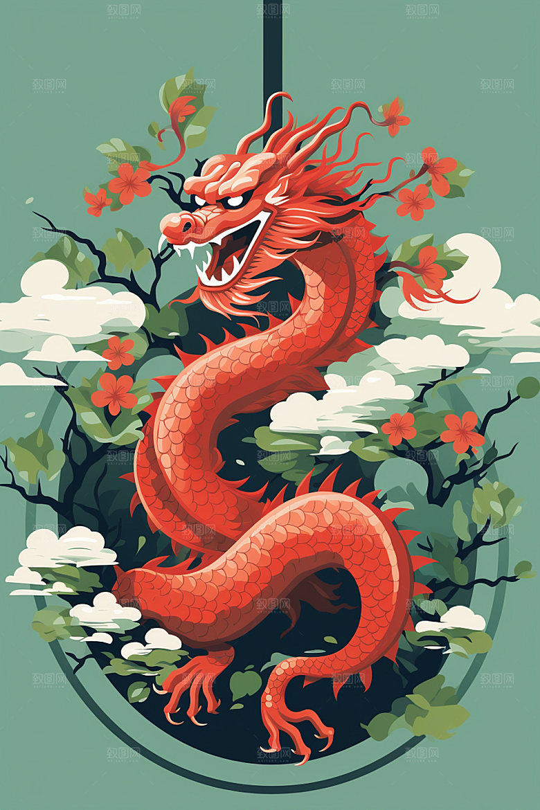 国潮龙年蟠龙春节插画