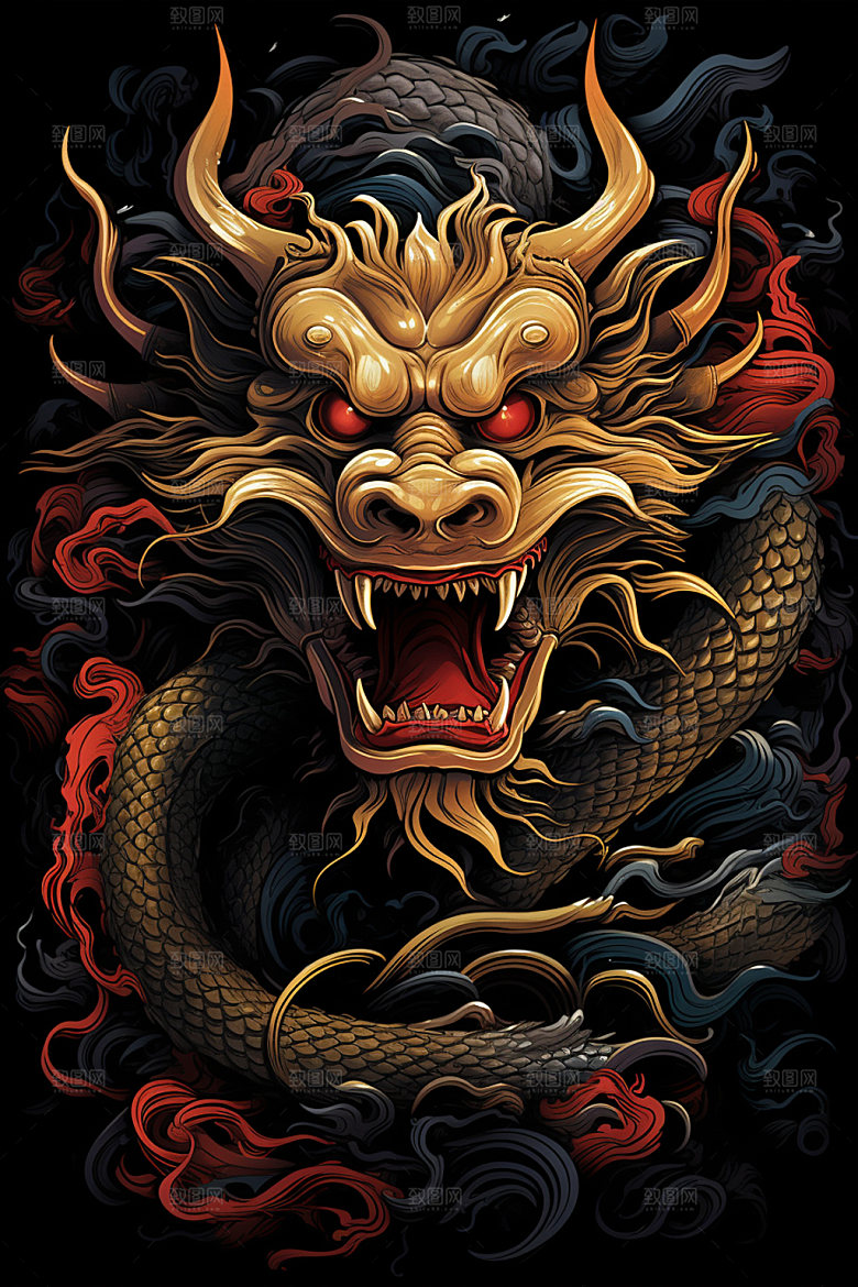 国潮龙年蟠龙喜庆插画