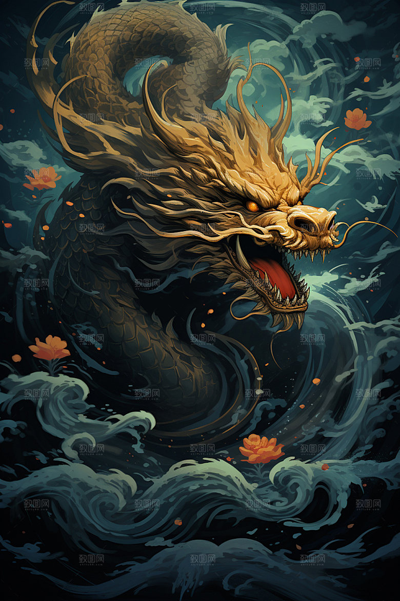 国潮龙年喜庆蟠龙插画