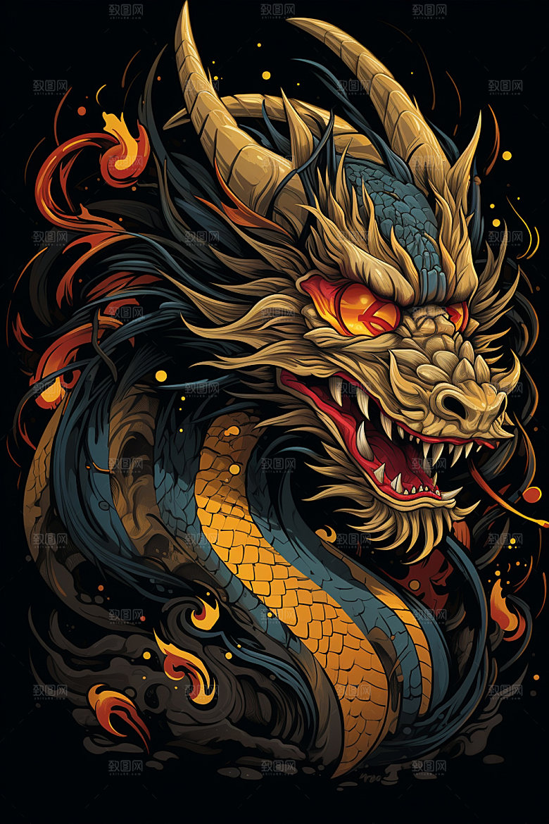 国潮龙年形象蟠龙插画