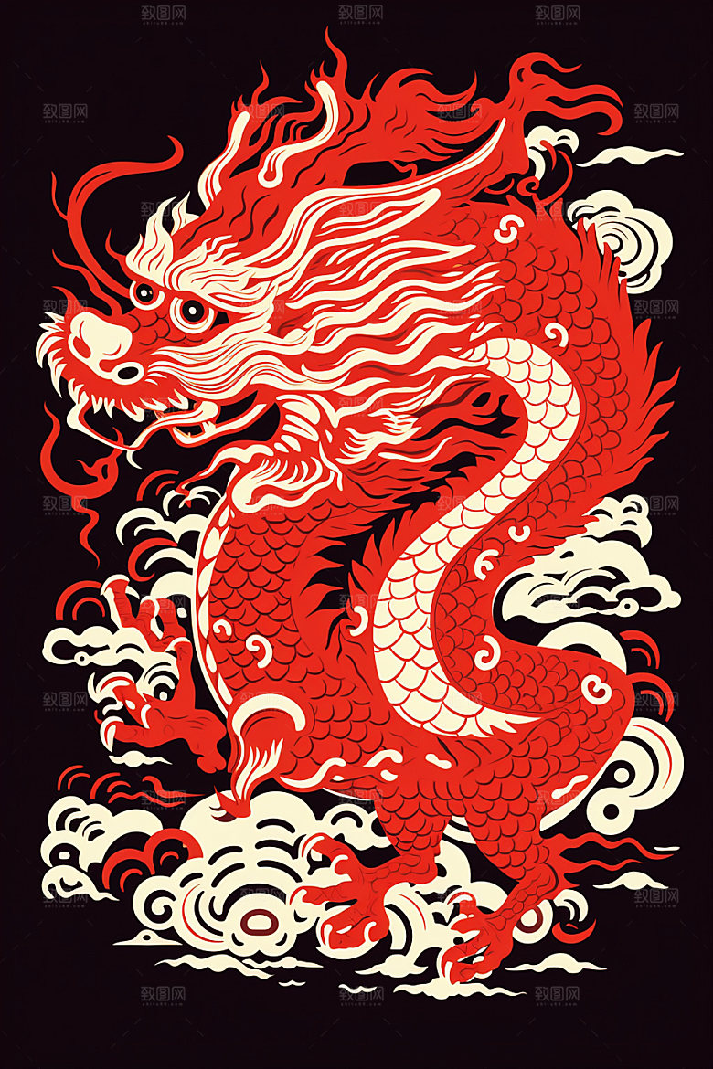 国潮龙年蟠龙春节插画