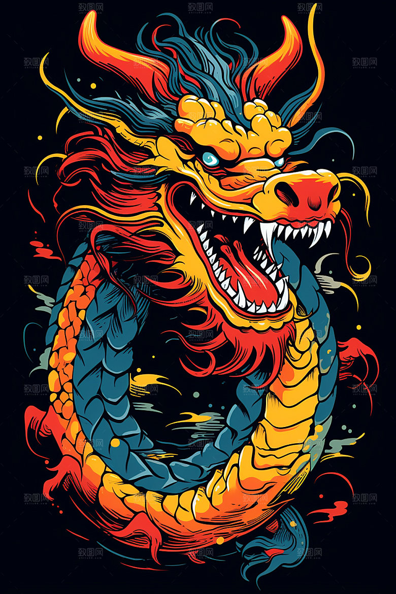 国潮龙年春节蟠龙插画