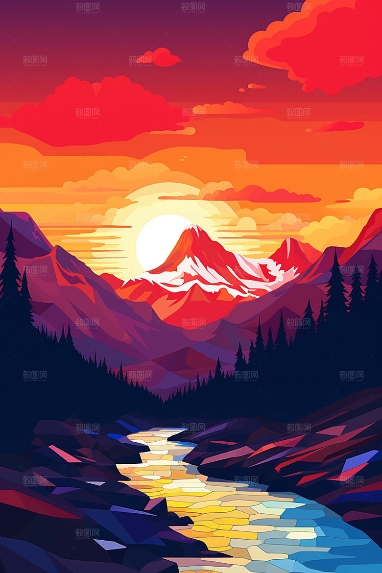 山峰山顶艺术画风插画