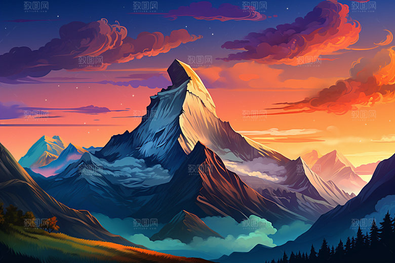山峰手绘夕阳插画
