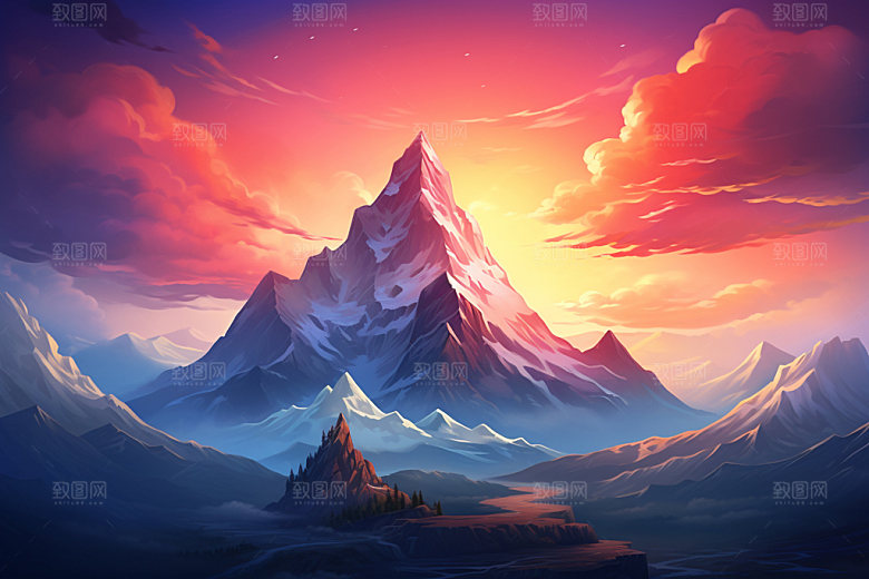 山峰雪山艺术画风插画