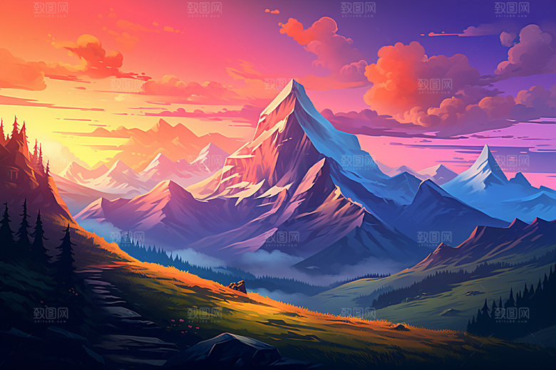 山峰山顶夕阳插画