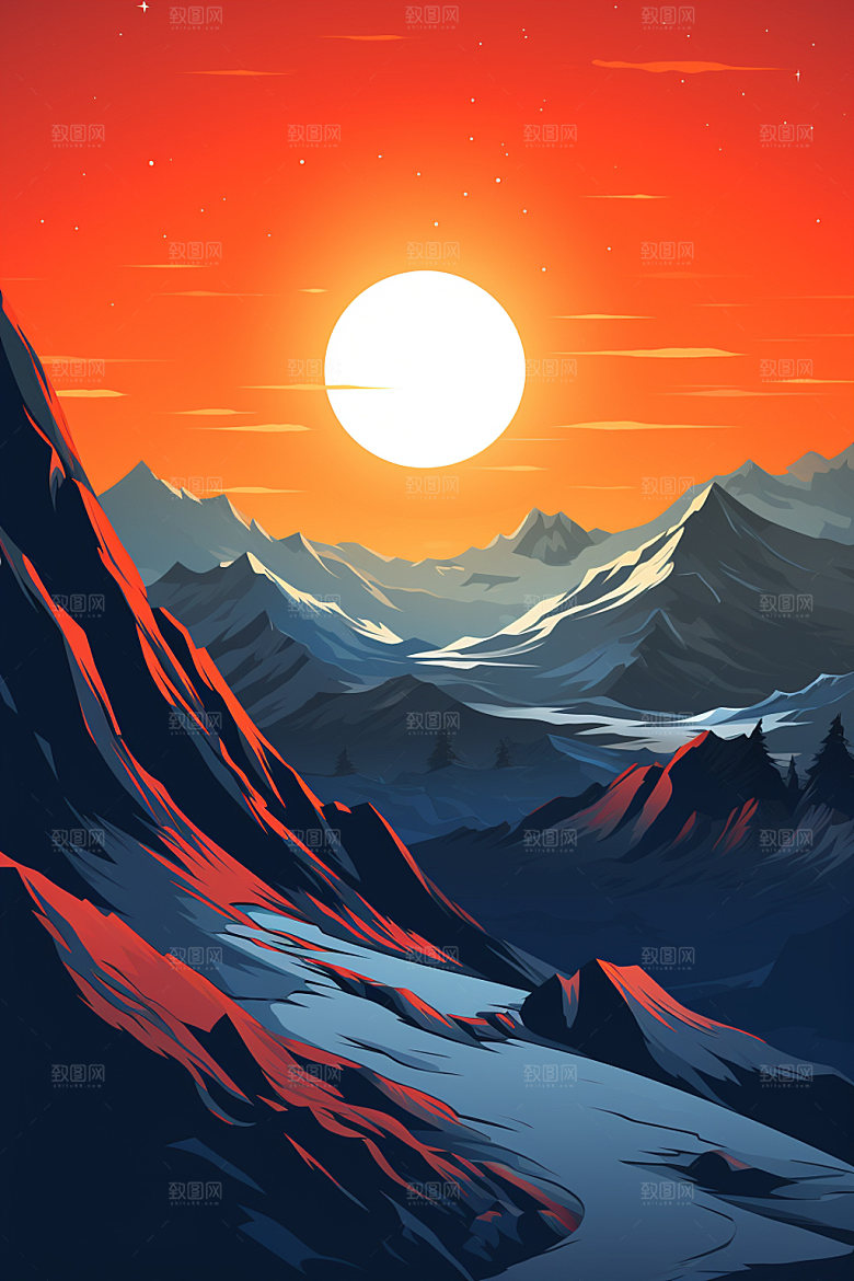 山峰雪山风光插画