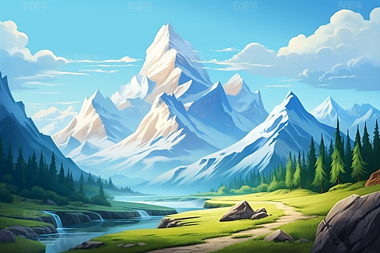 山峰雪山风光插画