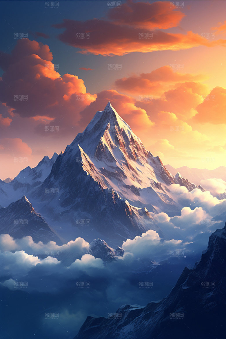 山峰夕阳山顶插画