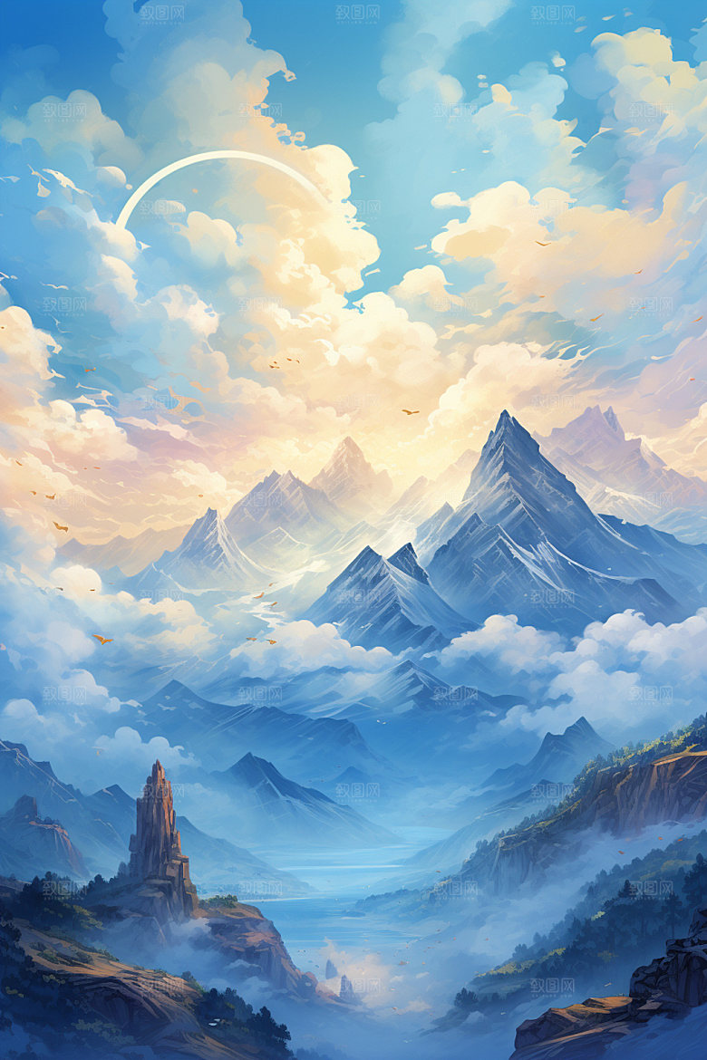 山峰风光夕阳插画
