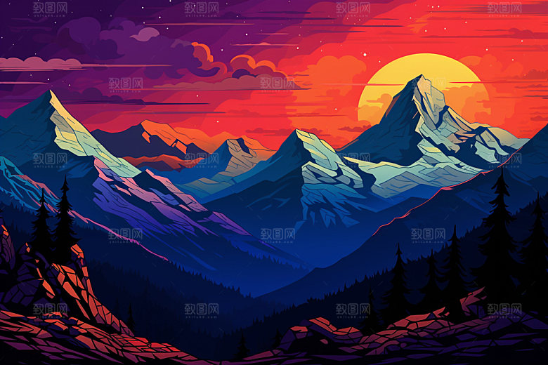 山峰手绘夕阳插画