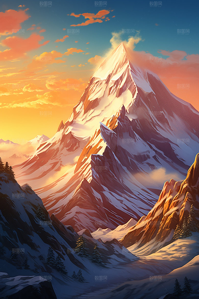 山峰夕阳雪山插画
