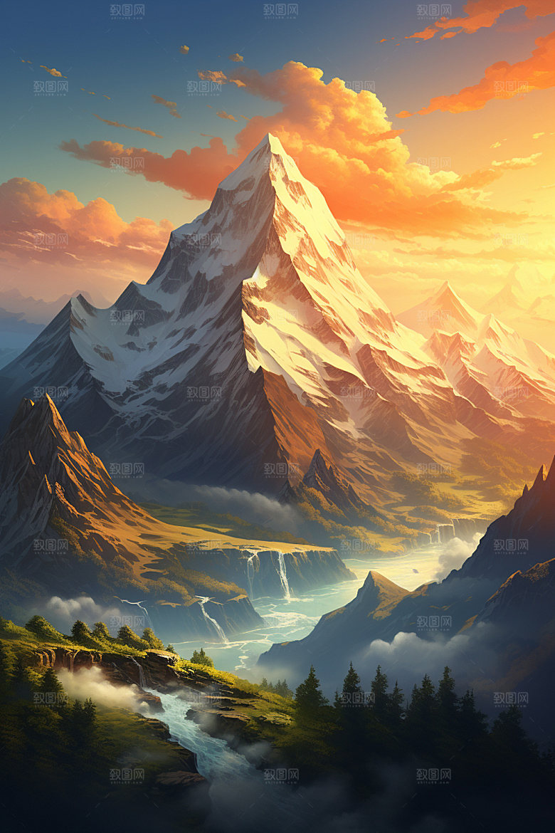 山峰手绘夕阳插画
