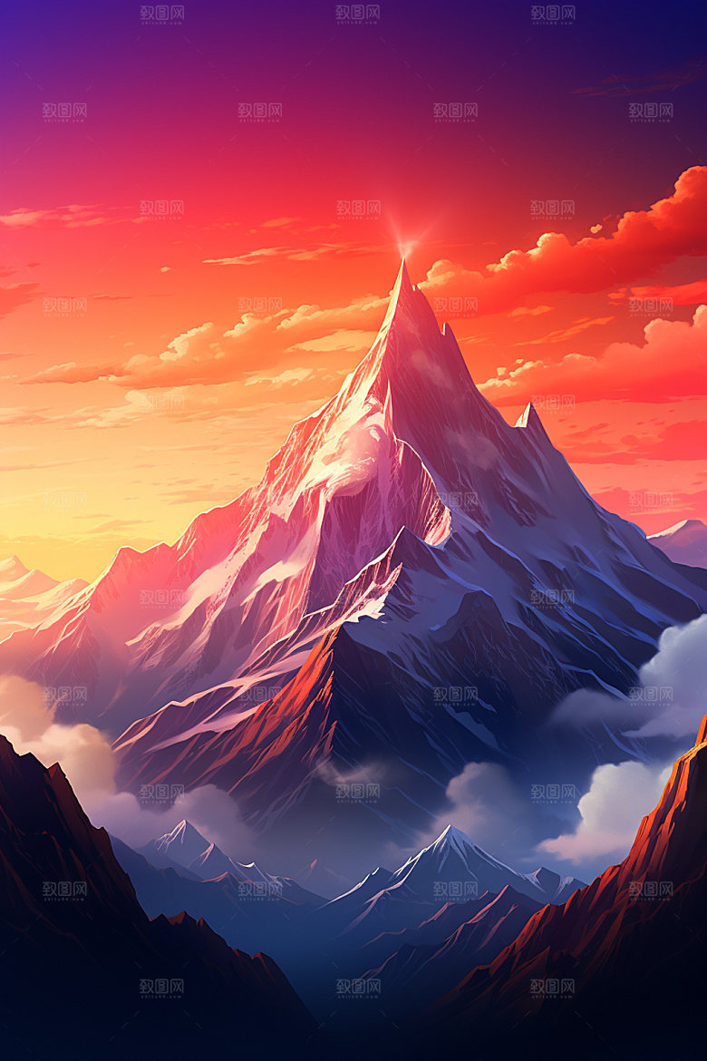 山峰夕阳美式风格插画