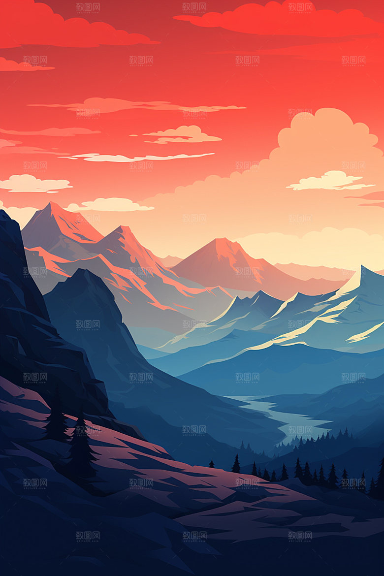 山峰夕阳自然插画