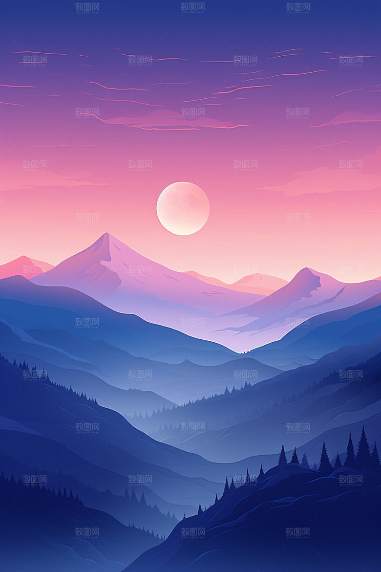 山峰雪山夕阳插画