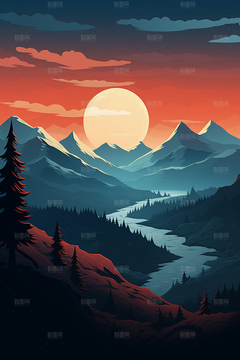 山峰美式风格夕阳插画
