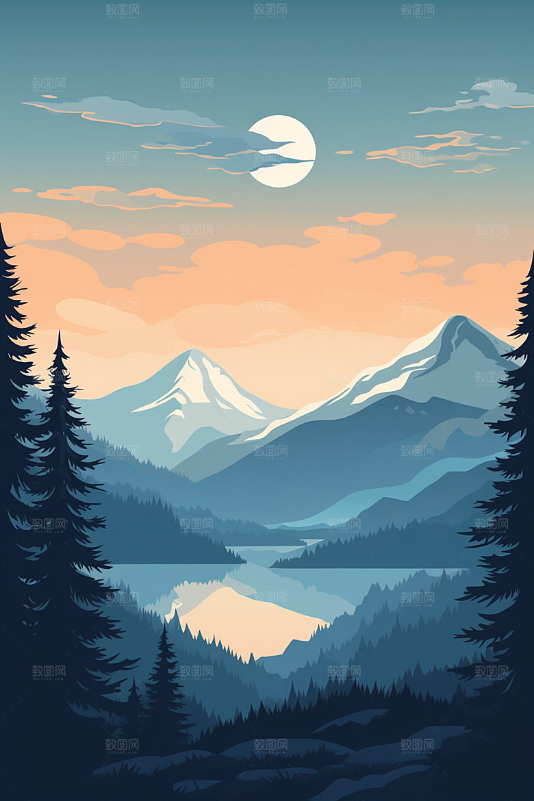 山峰艺术画风自然插画