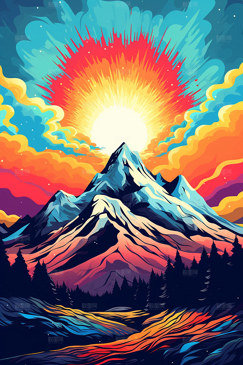 山峰自然手绘插画